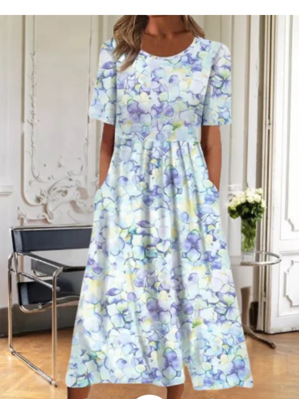 Light Blue Floral Short-Sleeve Midi Dress